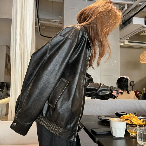 Черная короткая полиуретановая мини-юбка, осенняя демисезонная ретро куртка, коллекция 2023, подходит для подростков