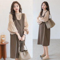 Pregnant women spring suit 2023 new long - sleeved shirt snffin - strapped skirt and Korean dress