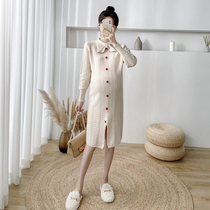 Pregnant women dress autumn and winter wear bow sweater long Net red maternity dress autumn dress knee knitted skirt
