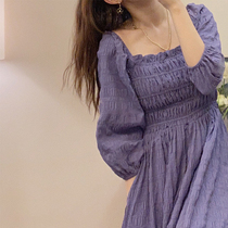 Via Vela Salt Can Sweet Purple Bubble Gog Tattoo Dress Dress Woman Summer High Waist Display Slim square collar Long dress