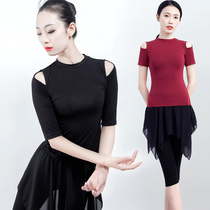 Modern dance practice costume Latin classical jazz Modal tight slim cut-off shoulder mid-sleeve shape yoga top female