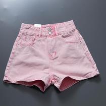 Korean pink high-waisted denim shorts womens tide 2021 summer European goods double-breasted wide-leg pants show high and thin tide