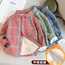 Boys and girls plus velvet bottoming shirt autumn and winter childrens Western-style plaid shirt boy baby warm cardigan coat top