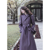 Eat green vegetables sweet taro purple retro trench coat female spring and autumn coat super unique medium and long wind-resistant pu leather clothing