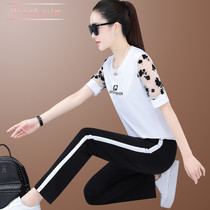TOUCH MISS LEISURE WIND SPORTS SUIT WOMENS SUMMER NEW BODY ROUND COLLAR SHORT SLEEVE LONG PANTS RUNNING SUIT SUIT