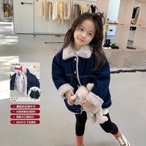 Girls Korean version of foreign style plus velvet denim coat baby girl 2021 Winter Dress new childrens thick short coat tide