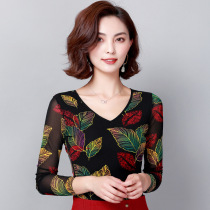 Autumn and winter womens gauze elastic slim national standard Latin modern ballroom dance jacket printed V collar square dancing costume