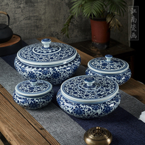 Jingdezhen blue and white tangled lotus storage jar tea jar lid jar flat belly jar ceramic jar Chinese Bogu rack ornaments