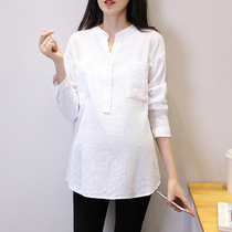 2021 autumn new products V-neck loose large size top Spring and autumn professional maternity shirt Striped long-sleeved base shirt t