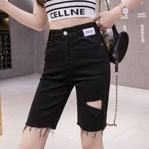 Hong Kong pop brand denim five-point pants womens 2021 summer new item hole ins pop thin straight high-waisted shorts medium pants