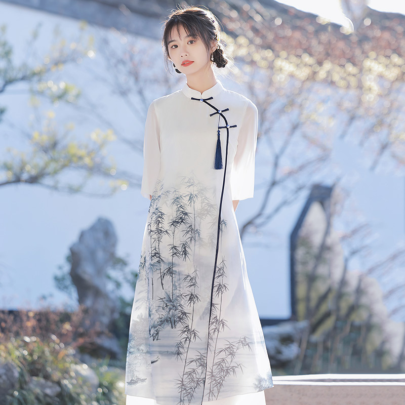 新しい中国のアオザイ改良されたチャイナドレス 2024 新しい若い女の子の中華民国スタイルのレトロなティードレス春のドレス