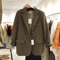2021 autumn and winter woolen cloth suit jacket Korea retro herringbone wool loose slim small suit jacket women