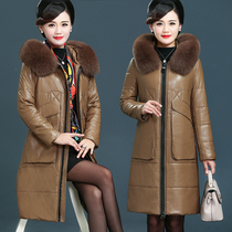 Middle-aged and elderly leather coat down jacket women's middle school long winter new mother size plus velvet fur thick coat