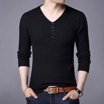  Fashion handsome chicken heart collar sweater men with buttons inside the base sweater youth peach pointed collar top