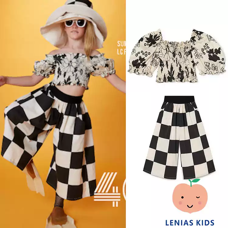 Lenias LN家 LCF 23SS春夏 儿童撞色格子阔腿裤+蓬蓬袖上衣