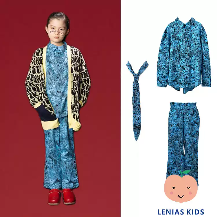 lenias LN家日本folk made22AW儿童时尚蓝色印花套装+领带