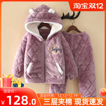 Winter childrens pajamas girl coral velvet thickened three-layer cotton cotton childrens autumn and winter warm flannel set