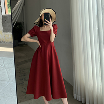FT GUOGE red dress womens 2022 summer dress new square neck French vintage temperament puff sleeves engagement dress