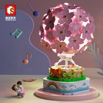 Senbao Cherry Blossom Hot Air Balloon Rotating Music Box Colorful Lights Assembling Building Blocks Toy Girl Gift 601150