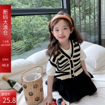 Girls Spring New 2023 Black and White Striped Contrast Color Vest Childrens Baby Foreign Style Hollow Knit Vest Shoulder Vest