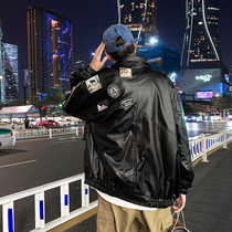 Korean version of oversize autumn and winter men label lapel locomotive leather clothing men loose handsome short couple leather jacket