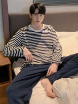 Japanese mens cotton pajamas spring and autumn long sleeve stripe cotton youth casual loungewear set winter