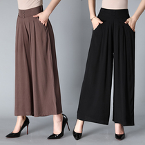 Middle aged and elderly womens pants elastic waist wide leg pants womens 2019 new mother dress high waist cotton hemp pants loose pants skirt