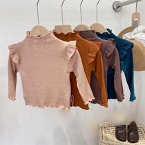 Small-grumble 2021 new product ~ girls agaric side baby foreign air sweater elastic semi-high collar knit undershirt tide 3