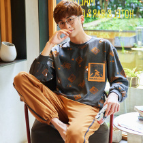 Pajamas men cotton long sleeve pants spring and autumn casual loose suit summer autumn winter green middle-aged large size home clothing