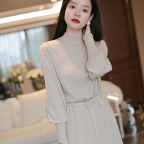 Solid color French celebrities over the knee knitted sweater dress womens autumn and winter New Interior high waist top dress