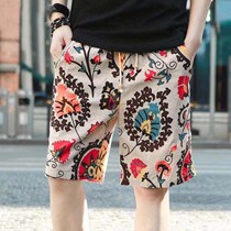Beach pants mens big pants summer quick-drying cotton hemp printing five-point pants Korean loose fashion versatile size shorts