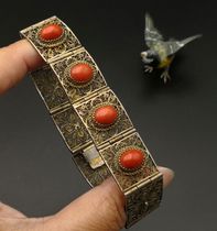 German 800 silver gilt silk natural red organic gem antique bracelet handmade j