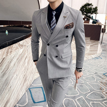 High-end plus size small suit suit suit men double-breasted groom wedding dress British Korean version of slim suit suit