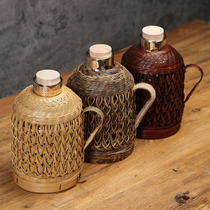 Handmade bamboo-woven thermos shell vintage vintage thermos leather tea bottle thermos kettle teapot water bottle cover home