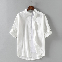 European station mens short-sleeved shirt 2021 summer new loose casual linen trend wild seven-point sleeve shirt