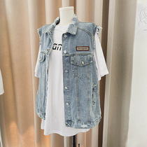 Net Red new European and Korean large size loose long denim vest vest jacket thin outer womens jacket horse clip