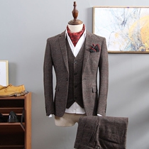 Retro British suit suit suit mens three-piece Korean slim plaid small suit casual business dress trend