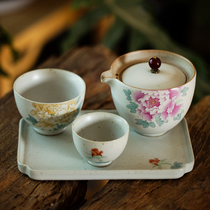 Jingdezhen fast guest Cup one pot two cups single set Ru kiln coarse pottery hand-painted peony ceramic kung fu tea set gift