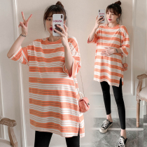 Fashion Spicy Moms Summer Gestation Womens Dress Striped Loose Dress Medium Long fat MM short sleeve T-shirt blouse Two sets