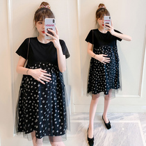 Pregnant women Summer new 2021 fashion dress personality mesh grid dress large size tide mom out women