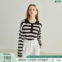 Van th Blue En 22FS1312 Black and white striped Knitted Sweatshirt Female Spring Autumn LAZY WIND Loose Jacket POLO collar jacket