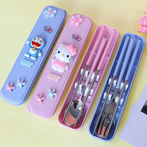 Cartoon cute portable chopsticks spoon set stainless steel children travel take-out tableware box Primary School students three-piece set