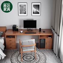 All solid wood desk with bookcase One-piece childrens home learning table Long table Bedroom wall computer desktop table