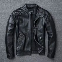 Pick up leakage leather leather mens first layer cowhide jacket slim stand collar short large size motorcycle jacket European and American trends