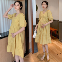  Pregnant womens dresses summer clothes loose late pregnancy European and American style French plus size fashion summer temperament small fresh skirt
