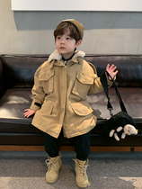 okaidi child clothing 2022 winter boy lamb suede pure color medium long wind clothes children plus suede Korean version coat tide