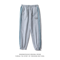 Wukong has goods Japanese retro tide brand stripe stitching plus velvet casual pants loose Joker rope leg pants men