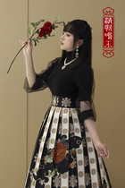 Qing Song Mingyu (flower full house)Black I-shaped pleated printing waist-high daily Hanfu Han element skirt-tail section