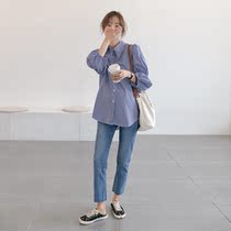 Half-cut pleated sleeves-Pregnant Woman Autumn Dress Blouse Thin subtidal Mummy Sweet Striped Bar Flipped shirt