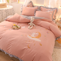 Small fragrant wind cotton bed four-piece set of quilt cover embroidered cotton sheets quilt cover girl princess wind Net red bed hats